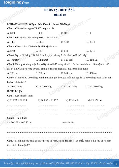 Đề ôn hè Toán 3 lên 4 có lời giải chi tiết - Đề 10